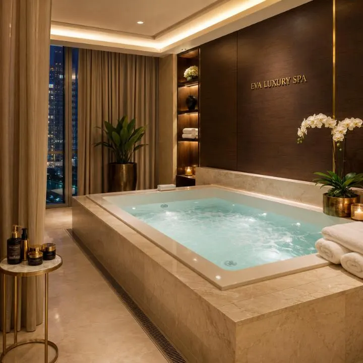 Jacuzzi suite with Business Bay skyline view at Eva Luxury Spa